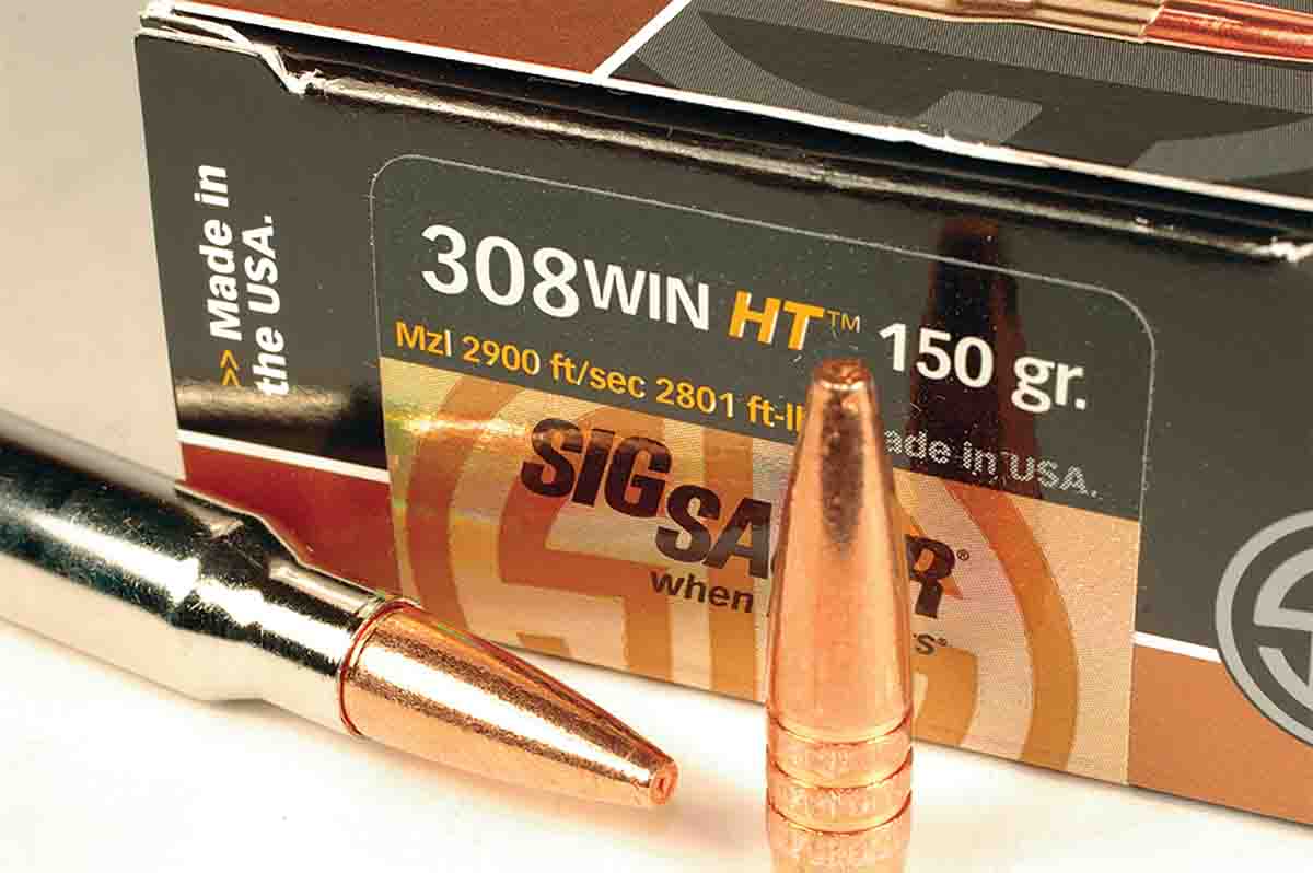 SIG Sauer Elite Performance .308 Winchester cartridges are loaded with 150-grain HT bullets made of copper with a hollow tip.